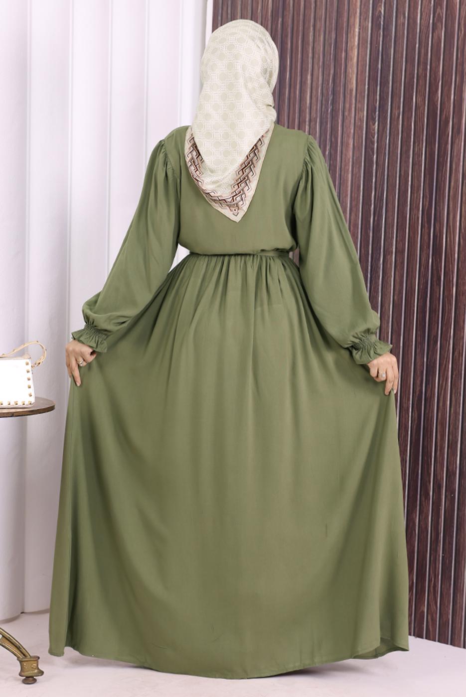 Tesettür giyim HAKİ KUŞAKLI DÜĞME DETAYLI ELBİSE T 5506