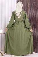 Tesettür giyim HAKİ KUŞAKLI DÜĞME DETAYLI ELBİSE T 5506