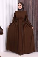 Tesettür giyim KAHVE KUŞAKLI DÜĞME DETAYLI ELBİSE T 5506