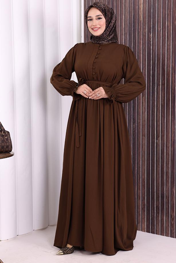 Tesettür giyim KAHVE KUŞAKLI DÜĞME DETAYLI ELBİSE T 5506 - TRENDTESETTÜR