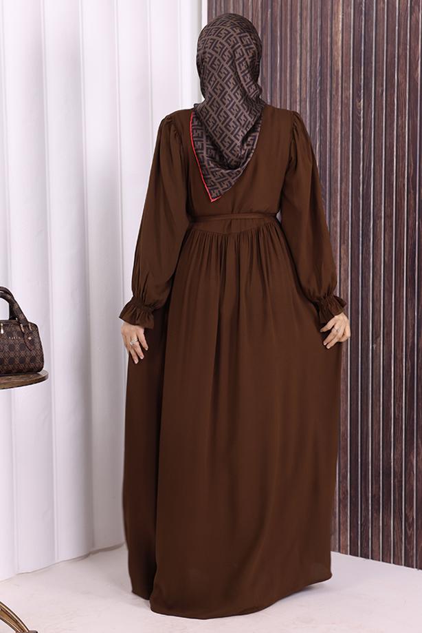 Tesettür giyim KAHVE KUŞAKLI DÜĞME DETAYLI ELBİSE T 5506 - TRENDTESETTÜR
