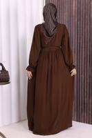 Tesettür giyim KAHVE KUŞAKLI DÜĞME DETAYLI ELBİSE T 5506