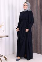Hijab clothing NAVY BLUE BELTED BUTTON DETAILED DRESS T 5506