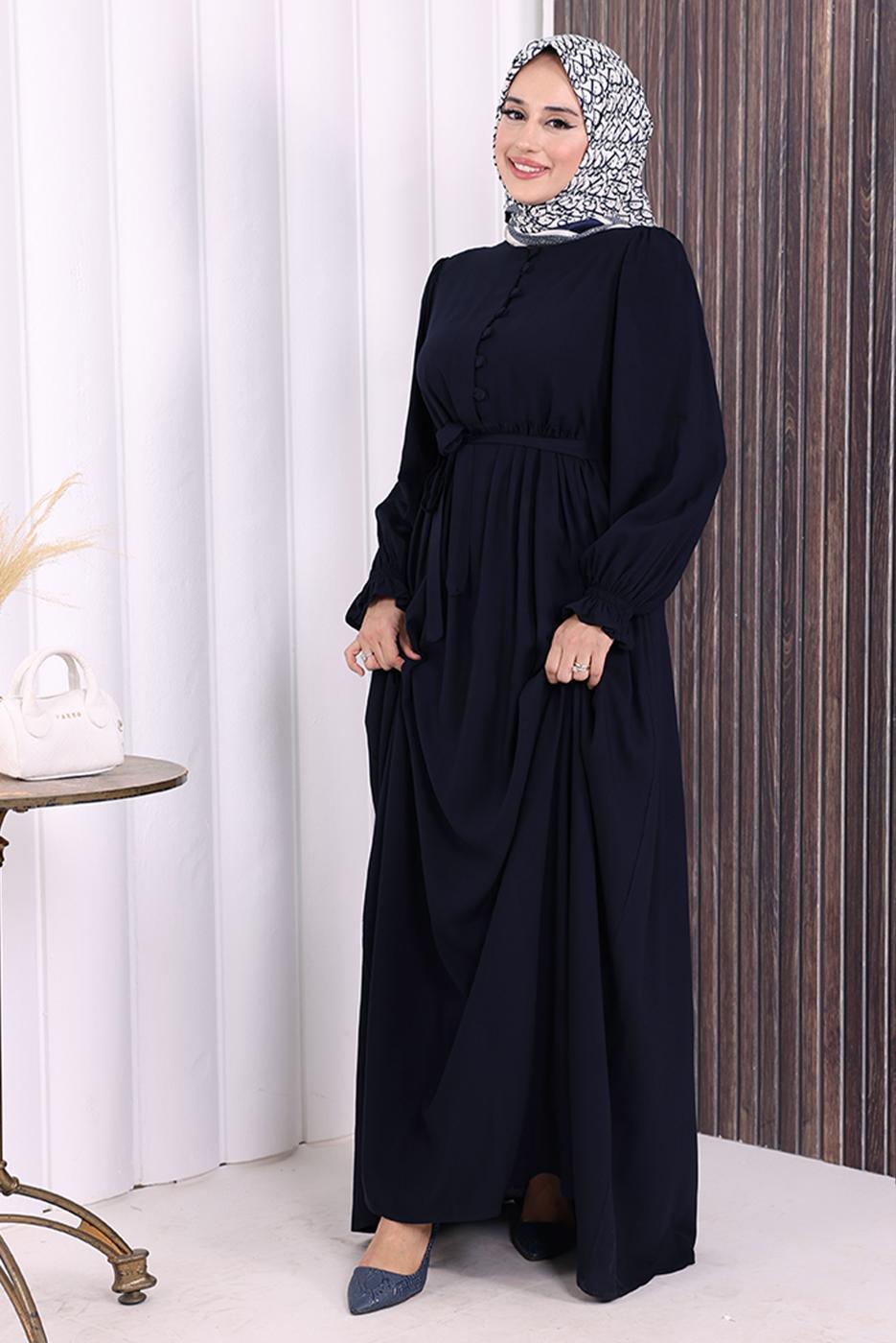 Tesettür giyim LACİVERT KUŞAKLI DÜĞME DETAYLI ELBİSE T 5506
