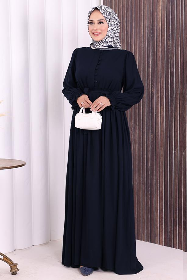 Tesettür giyim LACİVERT KUŞAKLI DÜĞME DETAYLI ELBİSE T 5506 - TRENDTESETTÜR