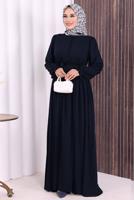 Tesettür giyim LACİVERT KUŞAKLI DÜĞME DETAYLI ELBİSE T 5506
