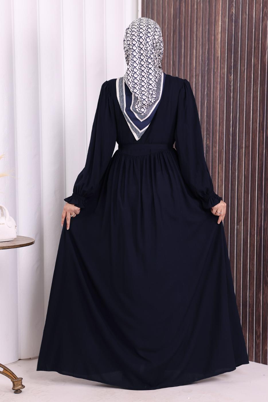 Tesettür giyim LACİVERT KUŞAKLI DÜĞME DETAYLI ELBİSE T 5506