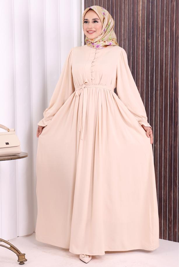 Tesettür giyim BEJ KUŞAKLI DÜĞME DETAYLI ELBİSE T 5506 - TRENDTESETTÜR