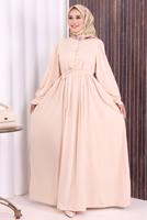Tesettür giyim BEJ KUŞAKLI DÜĞME DETAYLI ELBİSE T 5506