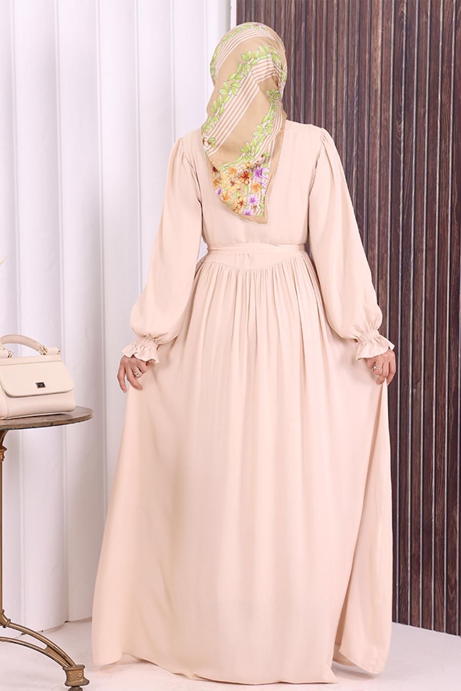 Tesettür giyim BEJ KUŞAKLI DÜĞME DETAYLI ELBİSE T 5506