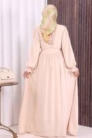 Tesettür giyim BEJ KUŞAKLI DÜĞME DETAYLI ELBİSE T 5506