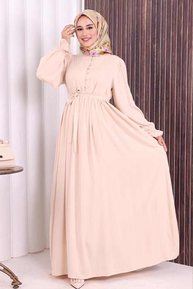 Tesettür giyim BEJ KUŞAKLI DÜĞME DETAYLI ELBİSE T 5506 - TRENDTESETTÜR