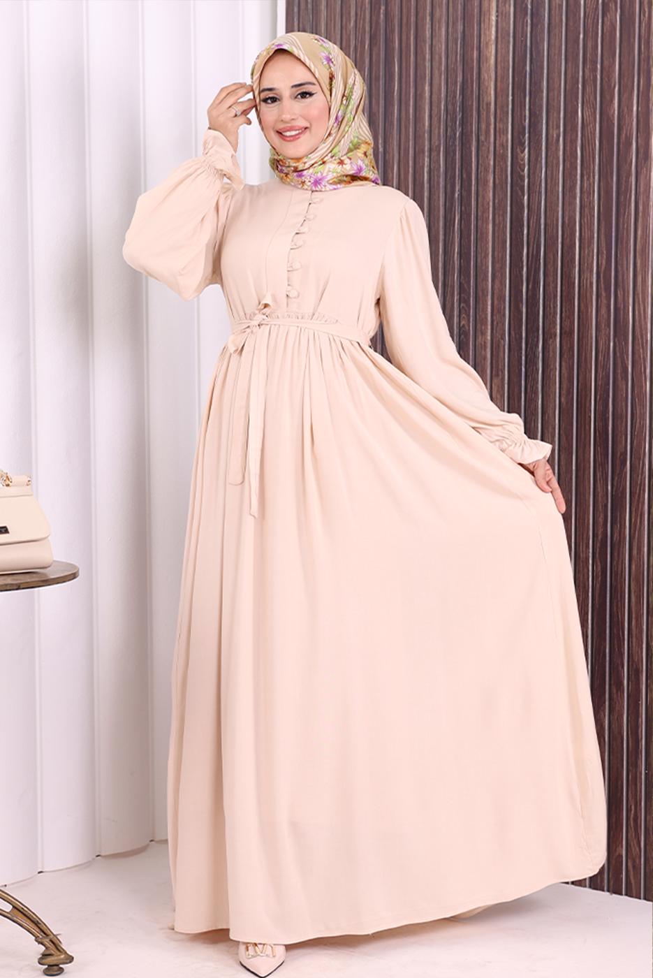 Tesettür giyim BEJ KUŞAKLI DÜĞME DETAYLI ELBİSE T 5506