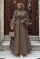 Tesettür giyim KAHVE KUŞAKLI FIRFIRLI ELBİSE T 5532