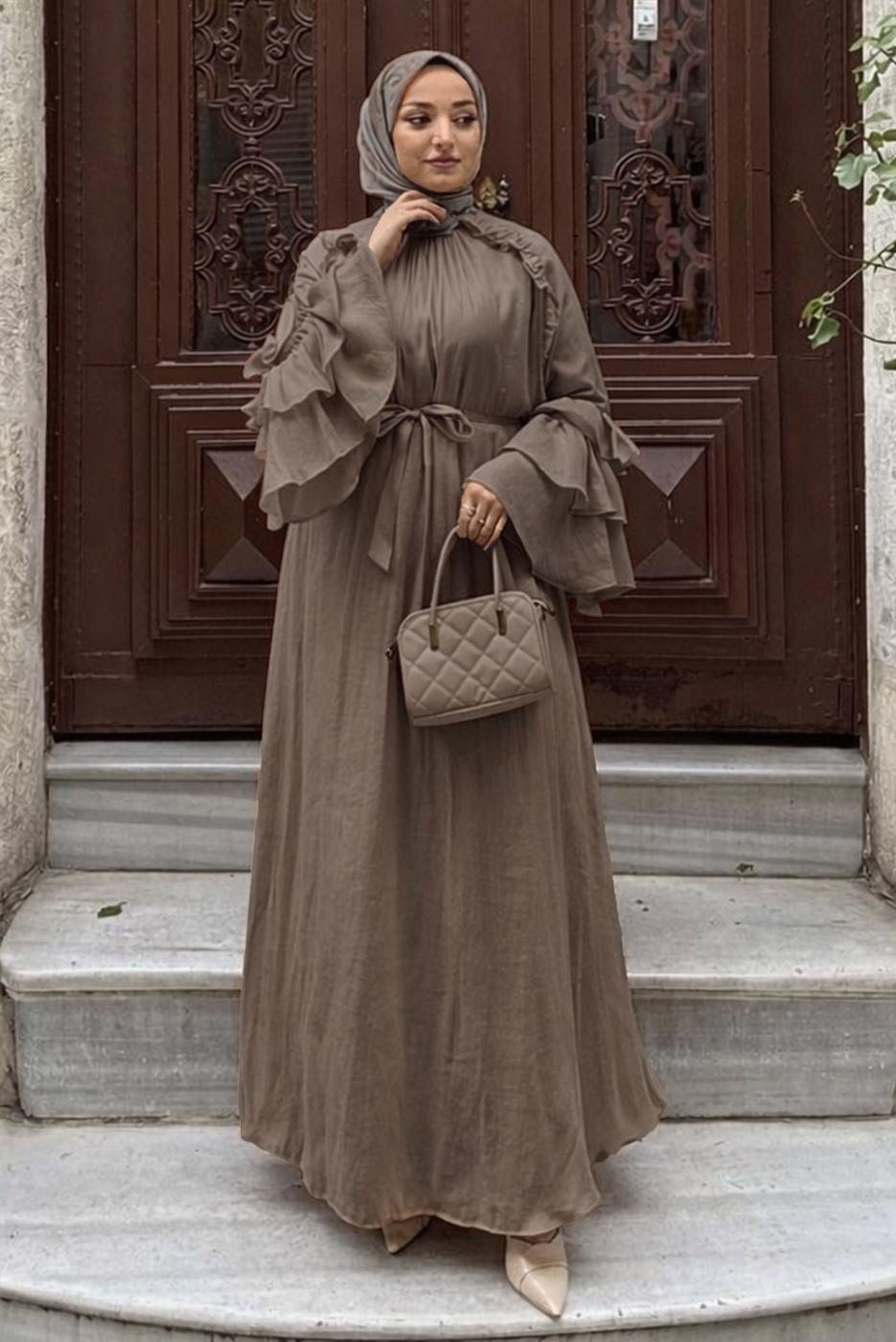 Tesettür giyim KAHVE KUŞAKLI FIRFIRLI ELBİSE T 5532