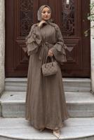 Tesettür giyim KAHVE KUŞAKLI FIRFIRLI ELBİSE T 5532
