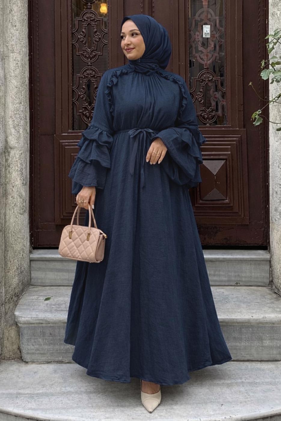 Tesettür giyim LACİVERT KUŞAKLI FIRFIRLI ELBİSE T 5532