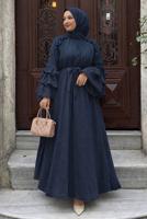 Tesettür giyim LACİVERT KUŞAKLI FIRFIRLI ELBİSE T 5532