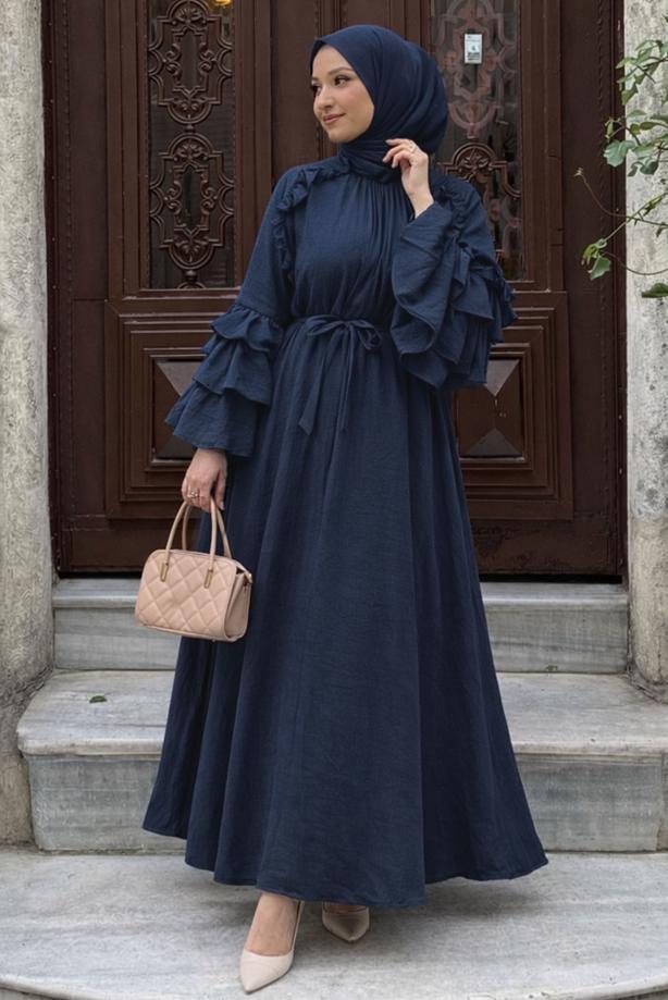 Tesettür giyim LACİVERT KUŞAKLI FIRFIRLI ELBİSE T 5532 - TRENDTESETTÜR
