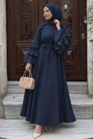 Tesettür giyim LACİVERT KUŞAKLI FIRFIRLI ELBİSE T 5532