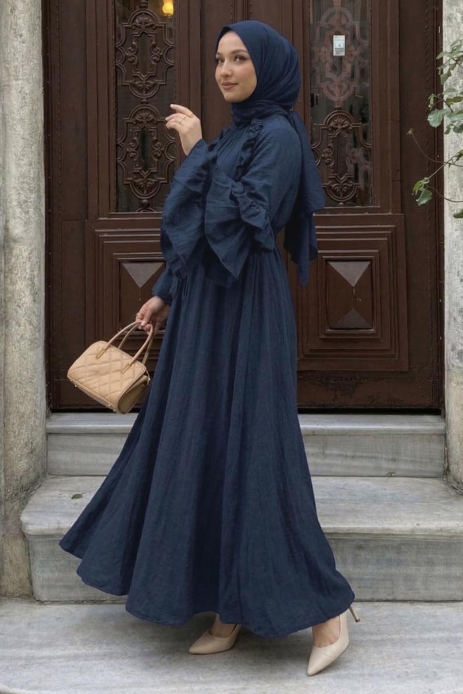 Tesettür giyim LACİVERT KUŞAKLI FIRFIRLI ELBİSE T 5532