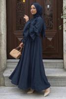 Tesettür giyim LACİVERT KUŞAKLI FIRFIRLI ELBİSE T 5532