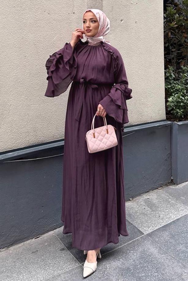 Tesettür giyim MÜRDÜM KUŞAKLI FIRFIRLI ELBİSE T 5532 - TRENDTESETTÜR