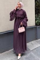 Tesettür giyim MÜRDÜM KUŞAKLI FIRFIRLI ELBİSE T 5532
