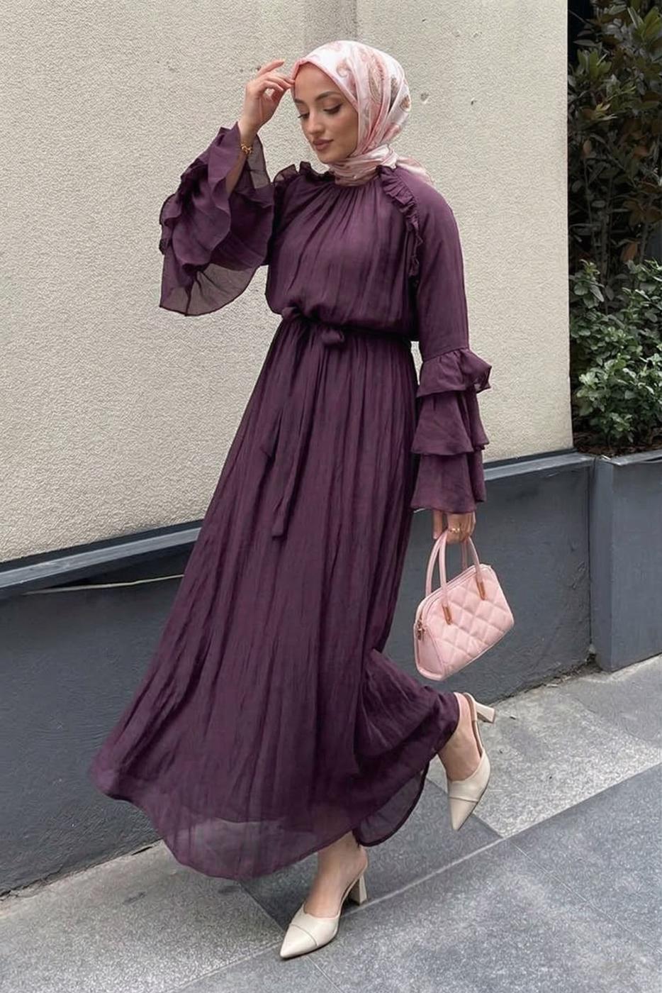 Tesettür giyim MÜRDÜM KUŞAKLI FIRFIRLI ELBİSE T 5532