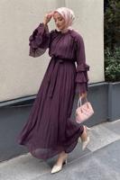 Tesettür giyim MÜRDÜM KUŞAKLI FIRFIRLI ELBİSE T 5532