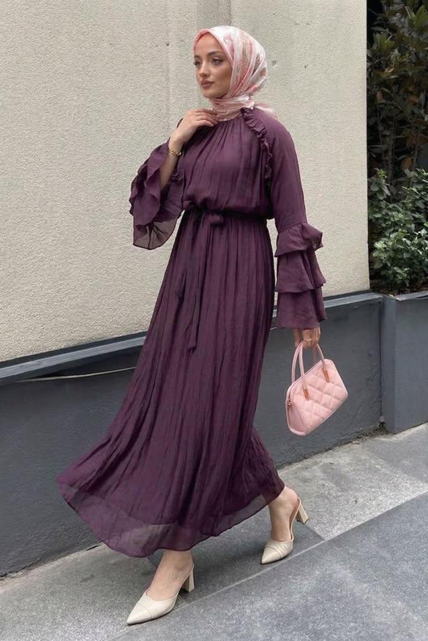 Tesettür giyim MÜRDÜM KUŞAKLI FIRFIRLI ELBİSE T 5532 - TRENDTESETTÜR