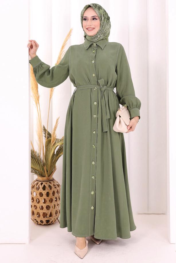 Vêtements hijab KAKI ROBE À COL CHEMISE CEINTURÉE T 5607 - TRENDTESETTÜR