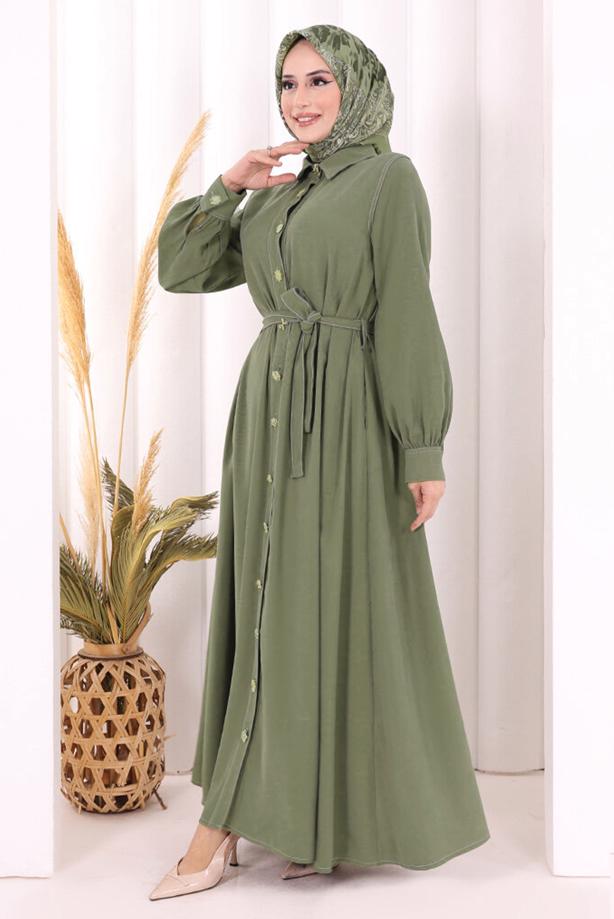 Vêtements hijab KAKI ROBE À COL CHEMISE CEINTURÉE T 5607 - TRENDTESETTÜR