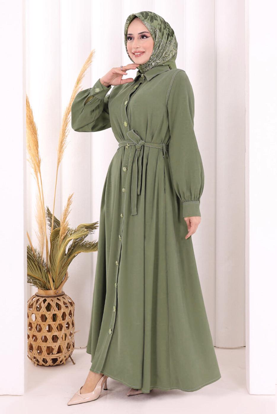 Vêtements hijab KAKI ROBE À COL CHEMISE CEINTURÉE T 5607