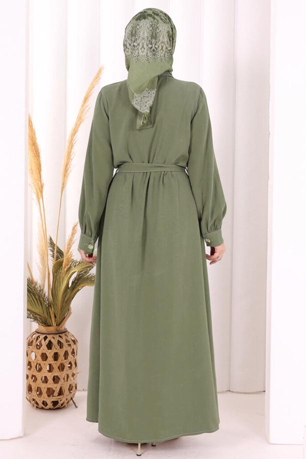 Vêtements hijab KAKI ROBE À COL CHEMISE CEINTURÉE T 5607 - TRENDTESETTÜR
