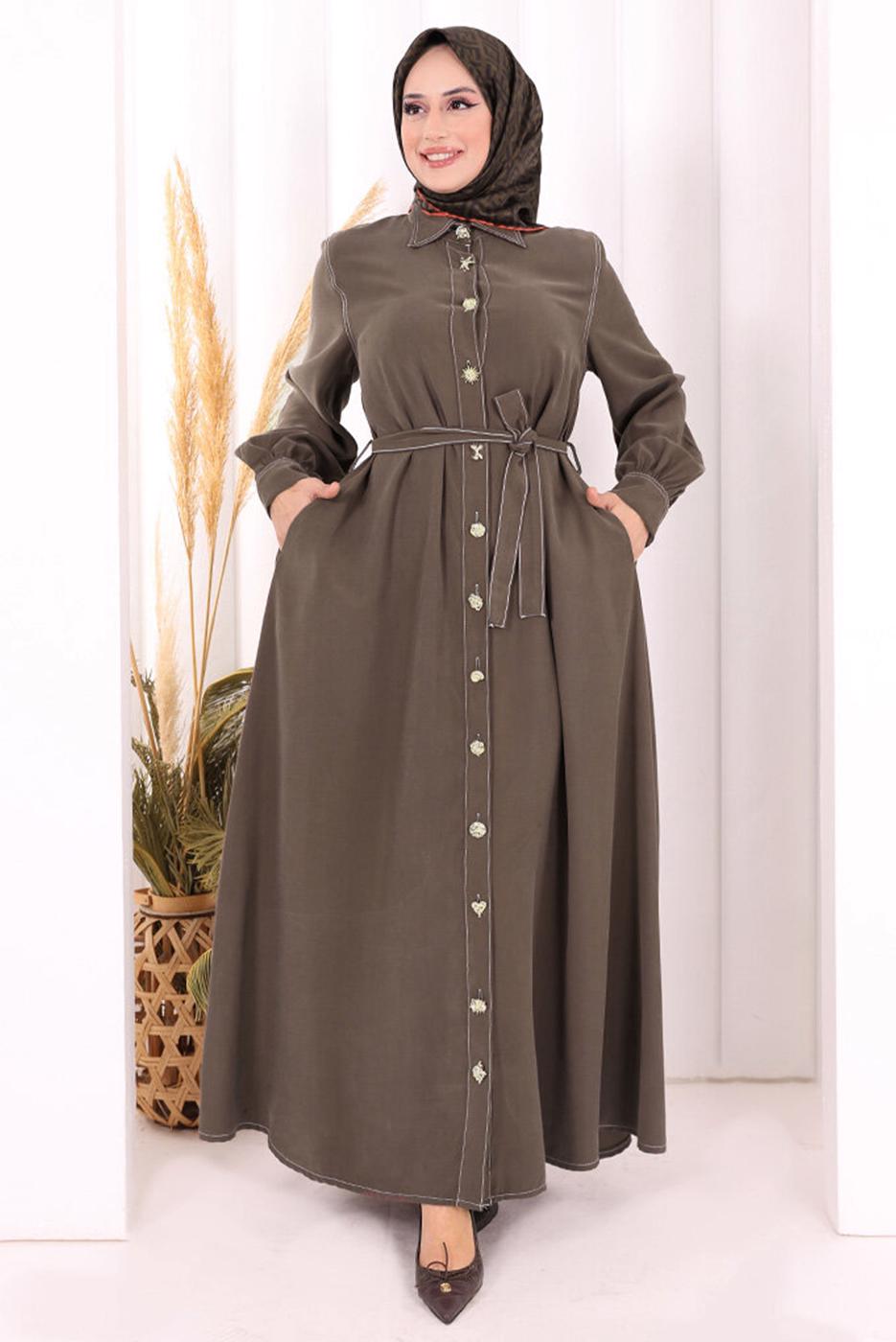 Vêtements hijab BRUN ROBE À COL CHEMISE CEINTURÉE T 5607