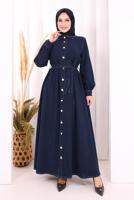 Vêtements hijab BLEU MARINE ROBE À COL CHEMISE CEINTURÉE T 5607