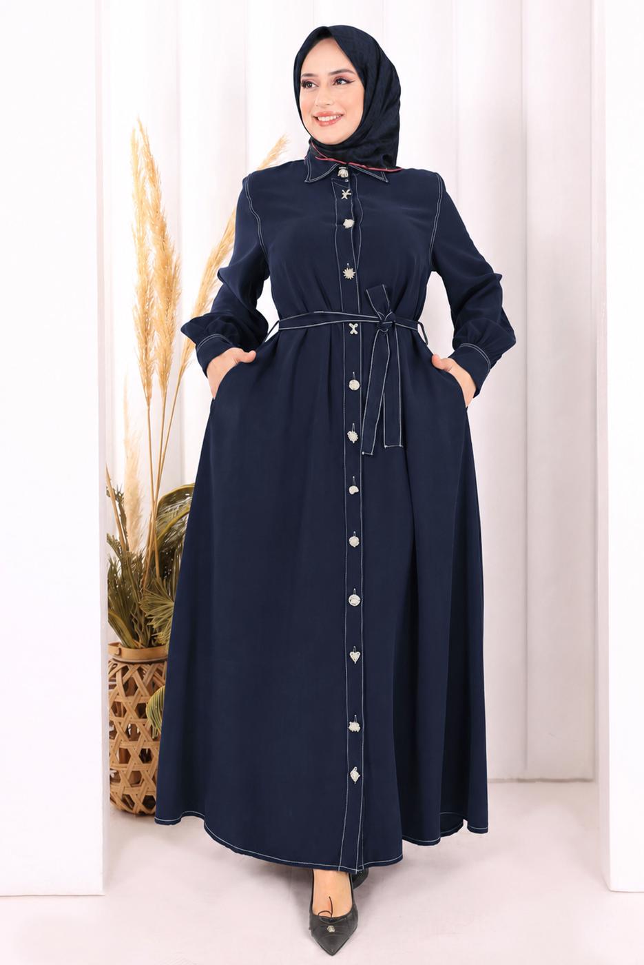 Vêtements hijab BLEU MARINE ROBE À COL CHEMISE CEINTURÉE T 5607