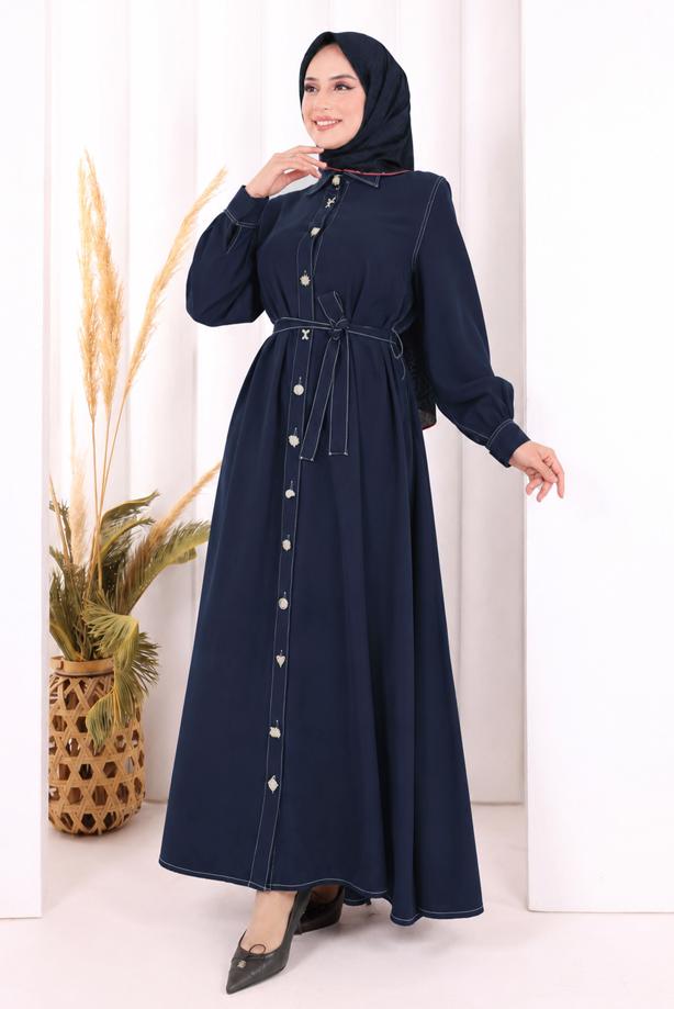 Vêtements hijab BLEU MARINE ROBE À COL CHEMISE CEINTURÉE T 5607 - TRENDTESETTÜR