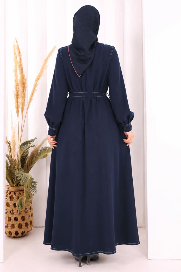 Vêtements hijab BLEU MARINE ROBE À COL CHEMISE CEINTURÉE T 5607 - TRENDTESETTÜR
