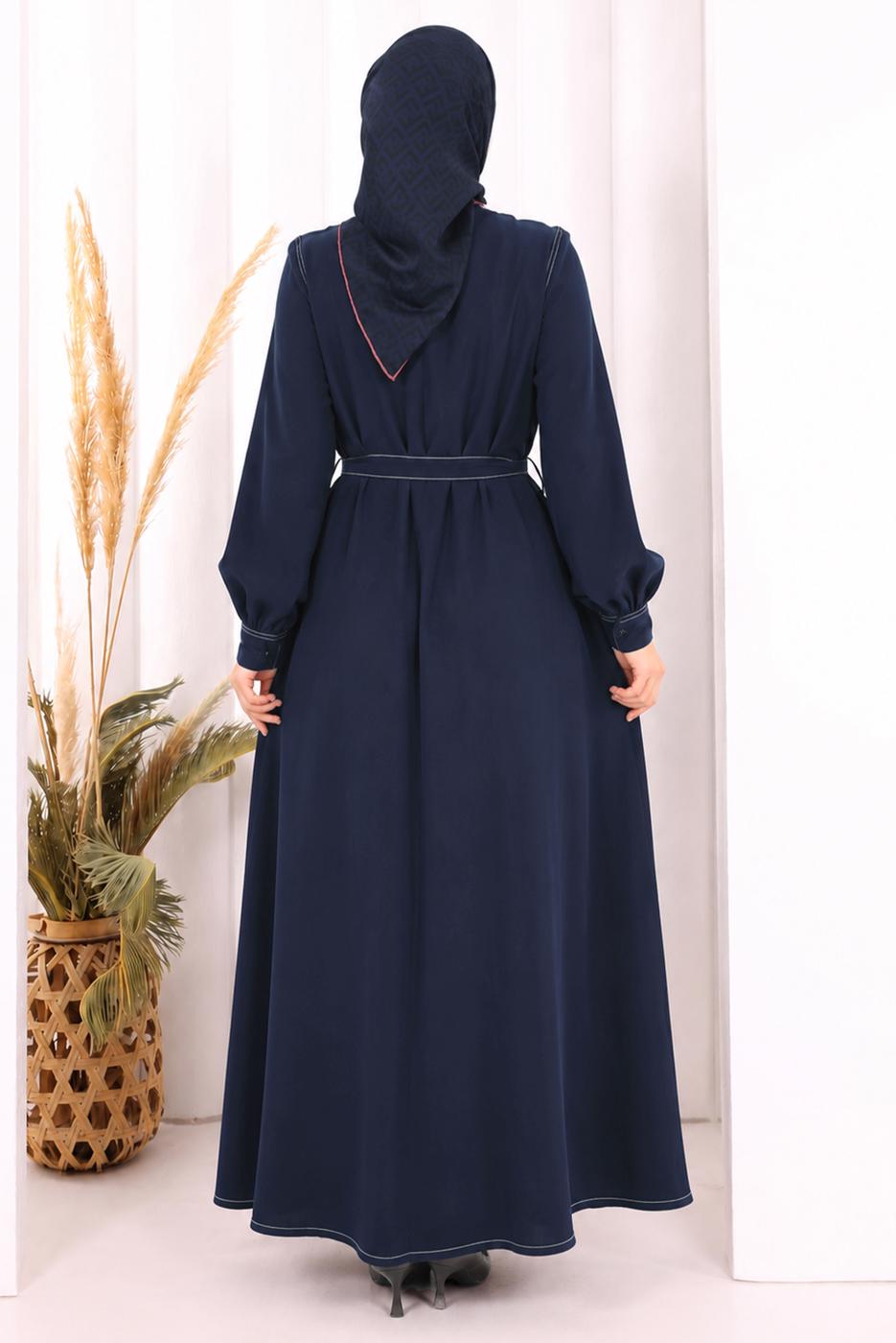 Vêtements hijab BLEU MARINE ROBE À COL CHEMISE CEINTURÉE T 5607