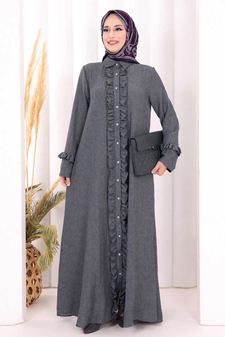 Vêtements hijab GRIS ROBE DÉTAILLÉE À VOLANTS T 6606