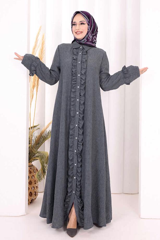 Vêtements hijab GRIS ROBE DÉTAILLÉE À VOLANTS T 6606 - TRENDTESETTÜR