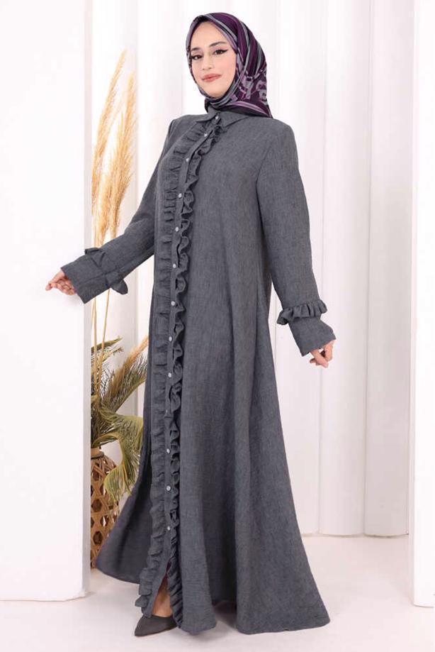 Vêtements hijab GRIS ROBE DÉTAILLÉE À VOLANTS T 6606 - TRENDTESETTÜR