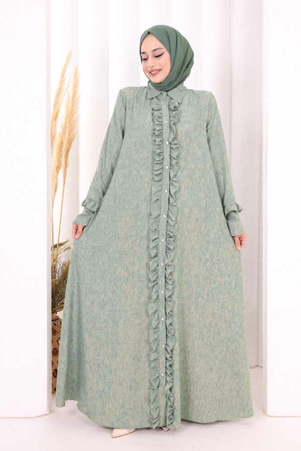 Vêtements hijab VERT ROBE DÉTAILLÉE À VOLANTS T 6606 - TRENDTESETTÜR