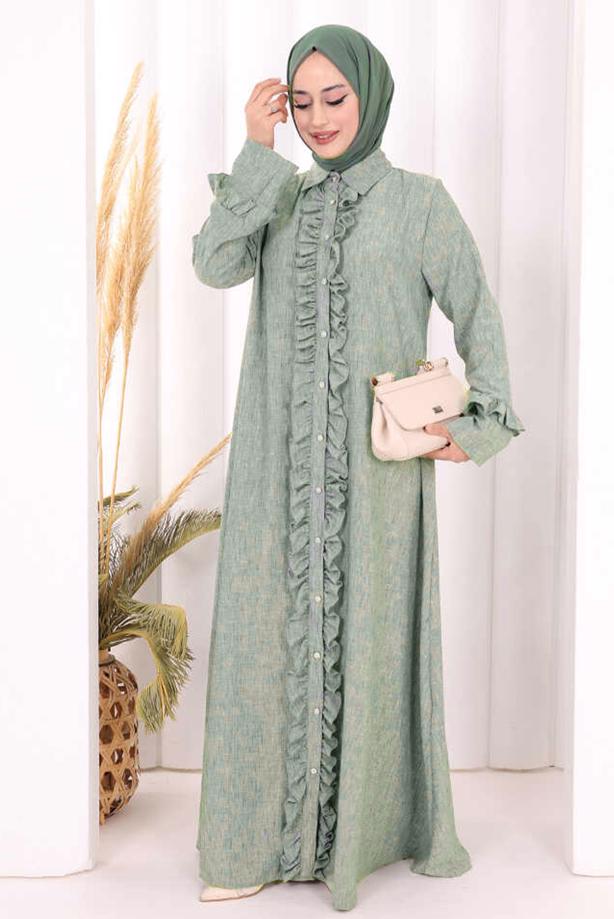 Vêtements hijab VERT ROBE DÉTAILLÉE À VOLANTS T 6606 - TRENDTESETTÜR