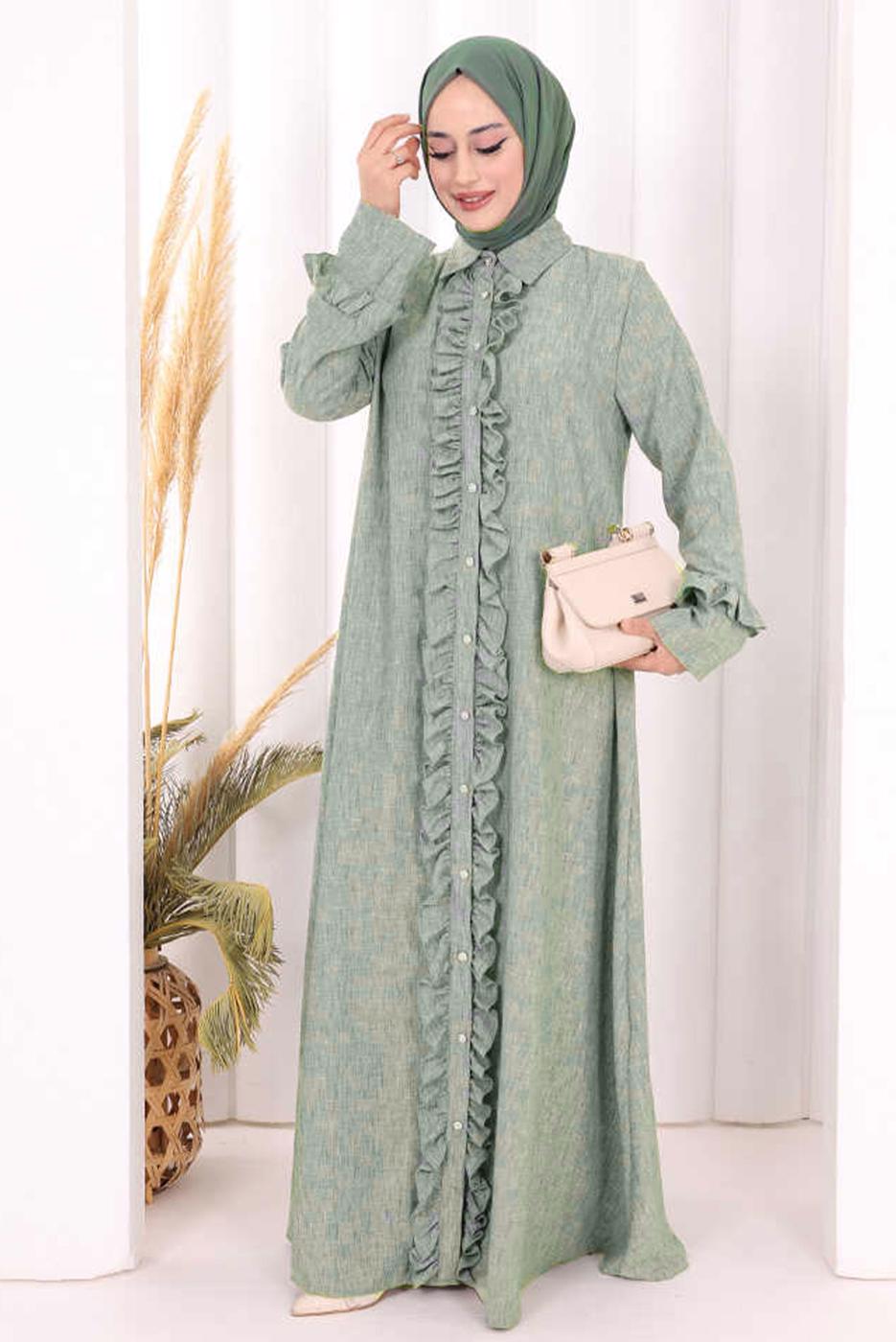Vêtements hijab VERT ROBE DÉTAILLÉE À VOLANTS T 6606