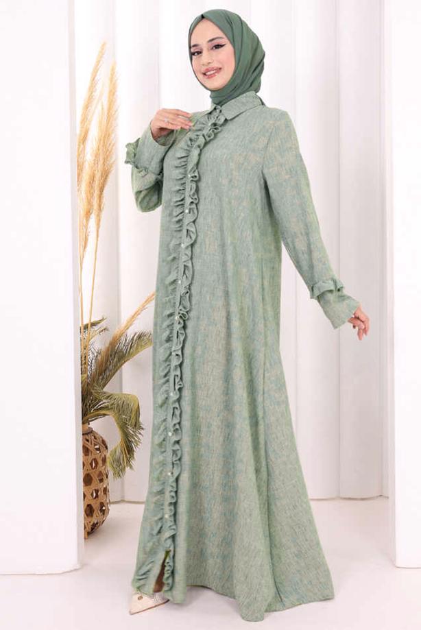 Vêtements hijab VERT ROBE DÉTAILLÉE À VOLANTS T 6606 - TRENDTESETTÜR
