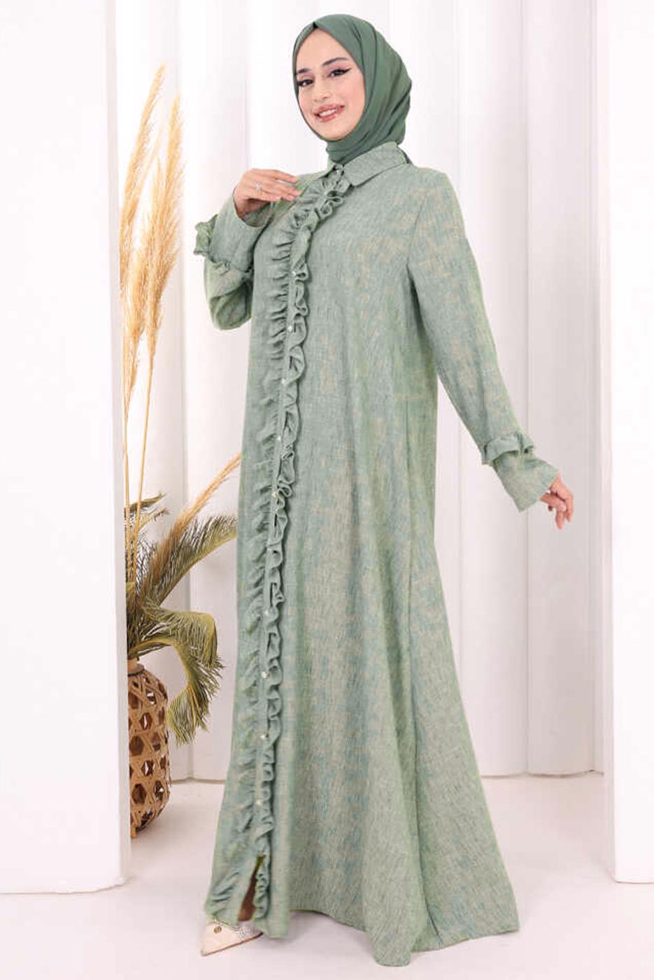 Vêtements hijab VERT ROBE DÉTAILLÉE À VOLANTS T 6606