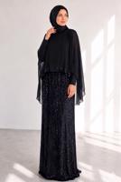 Tesettür giyim SİYAH PELERİNLİ PULLU ABİYE ELBİSE T 8284